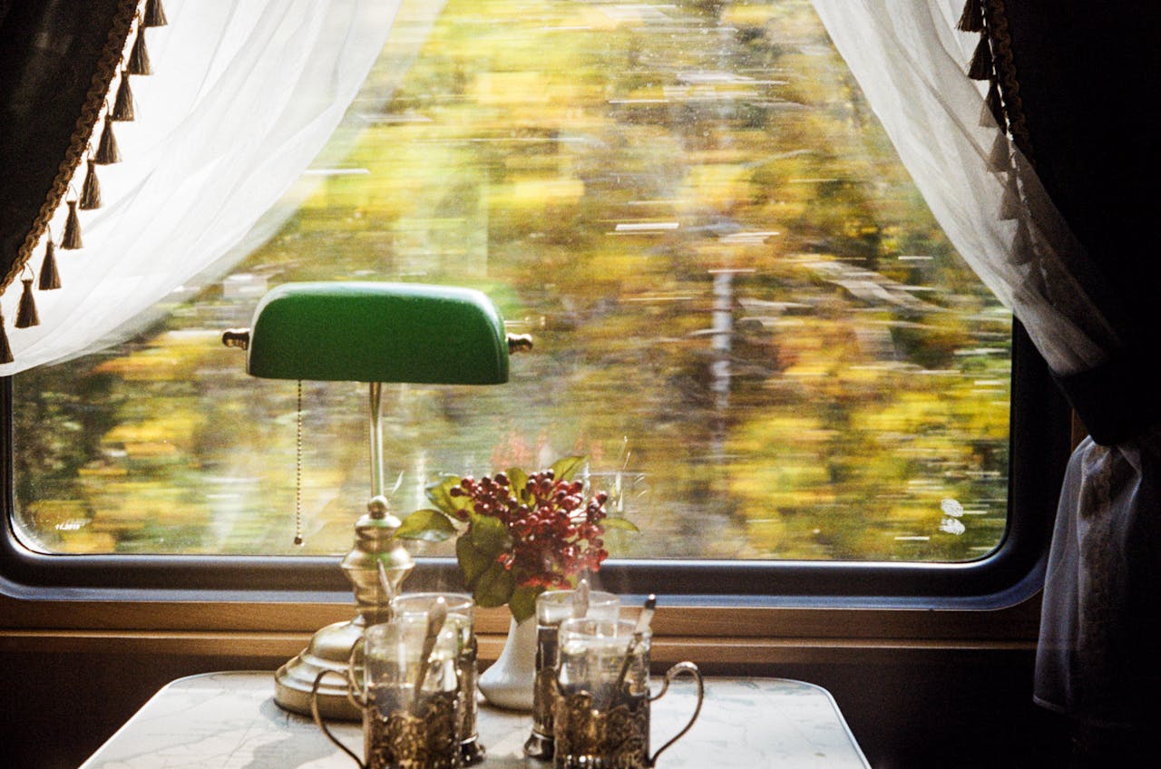 Cozy vintage train interior with elegant table setting and lush scenery outside the window.